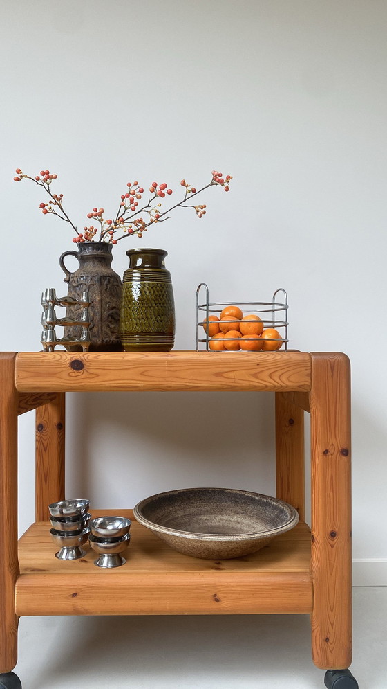 Image 1 of Chariot/chariot de service vintage en bois/pin sur roulettes