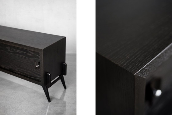 Image 1 of Vintage Mid-Century Scandinavian Modern Dark Oak Sideboard with Wooden & Metal Handles, 1960s