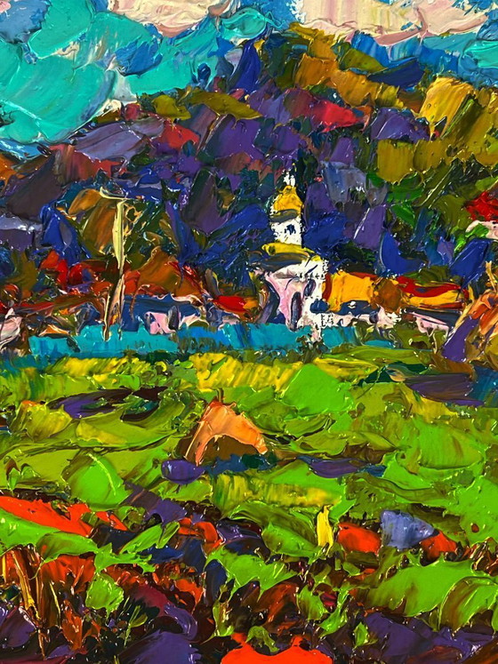 Image 1 of Peinture à l'huile originale représentant un paysage rural. Un village se dessine au loin.