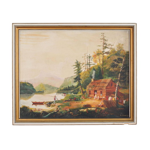 Peinture "The Angler's Return", design danois, années 1980, par A. Enkeshafi