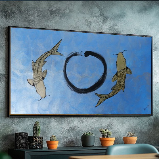 Japanese Koi Fishes J546 - Original Painting – Paintings & Drawings, Canvas (photo 2 of 13)