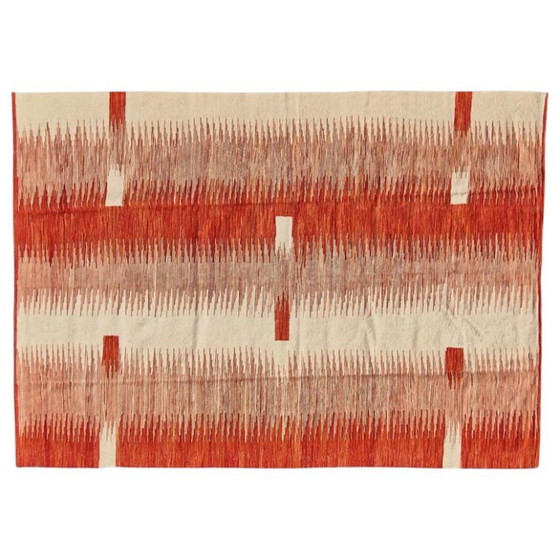Handgeweven modern rood ikat kilim tapijt | Platgeweven wollen tapijt | 168 × 239 cm (66 × 94 inch) (photo 2 of 10)