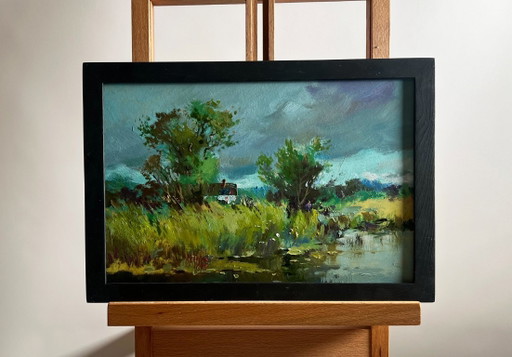 Original Oil Painting Gray Coastal Landscape On the outskirts of the village