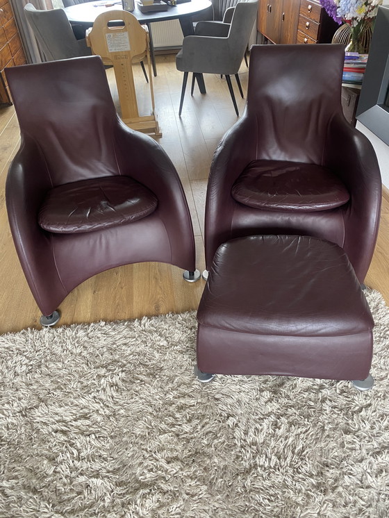 Image 1 of 2 vintage Montis Loge armchairs with aubergine leather backrest