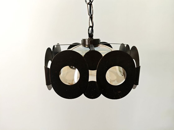 Image 1 of Lampe pendante vintage par Sijaj Hrastnik / Lampe suspendue Mid Century Modern / Lustre rétro géométrique en verre et marron, 19