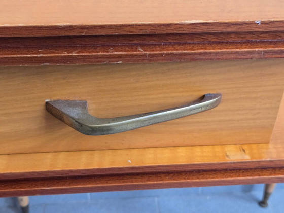 Image 1 of PAIR OF ASYMMETRICAL VINTAGE BEDSIDE TABLES FROM THE 1960s IN VARNISHED BEECH & BRASS