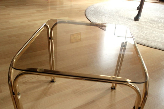 Image 1 of Small side table, brass/smoked glass top, Space Age