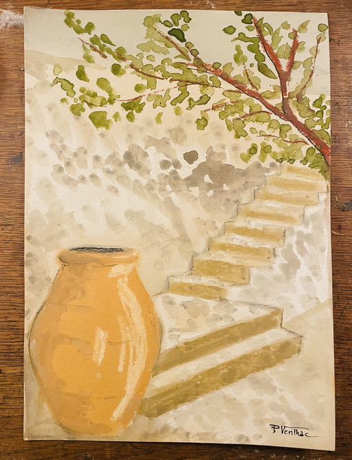 Tableau signé pastel et aquarelle paysage Provençal « l’escalier » 