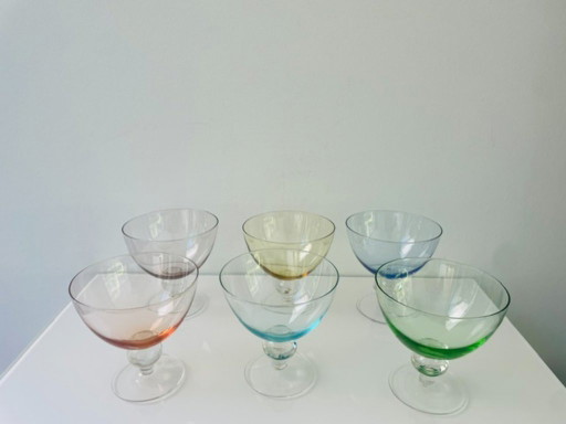 Set di 6 bicchieri da coppa vintage in vetro soffiato a mano multicolore.