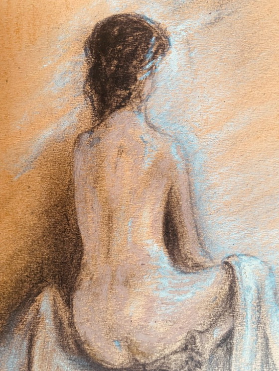 Image 1 of Pastel painting "female portrait from behind in a white drape"