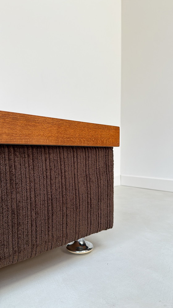 Image 1 of Coffee table with brown rub fabric, wooden top and chrome legs