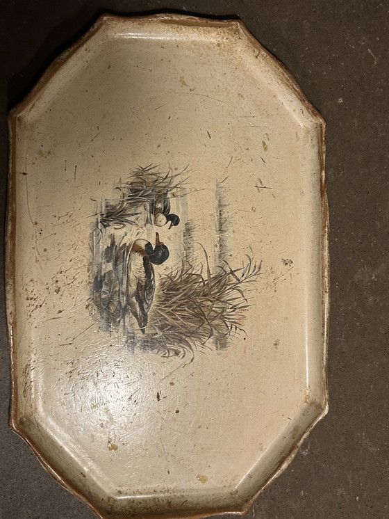 Image 1 of Vintage dienblad met afbeelding in jachtthema