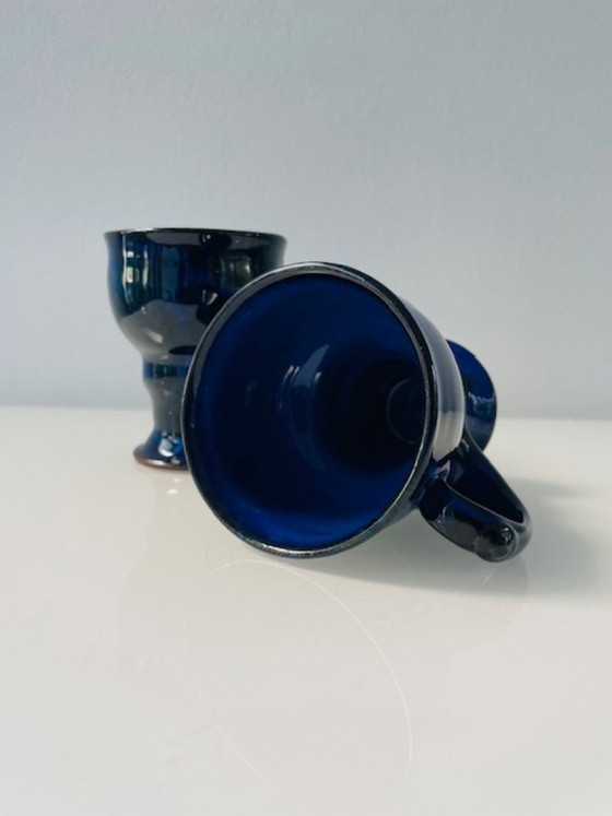 Image 1 of Servizio da tè scandinavo in ceramica blu cobalto: brocca e 2 tazze.