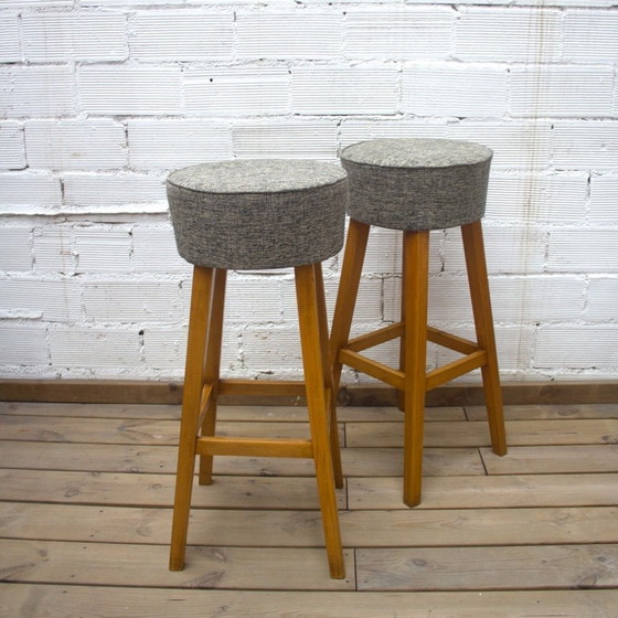 Image 1 of Beech Wood Stool with Upholstered Seat, 1960s
