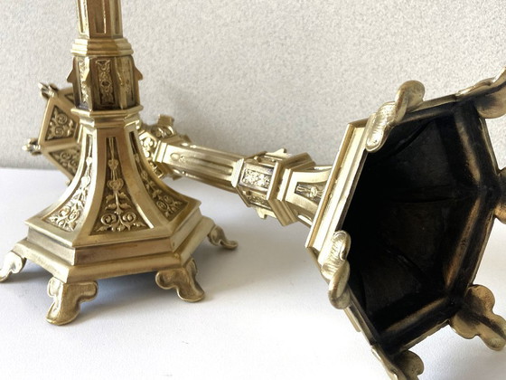 Image 1 of Pair of Antique Neo-Gothic Gilt Bronze Candlesticks