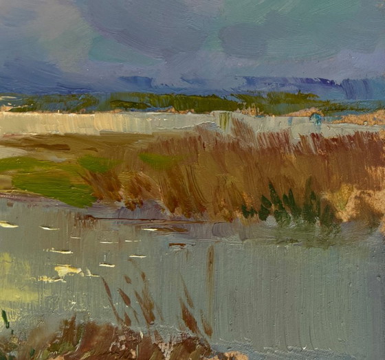 Image 1 of Original Oil Painting Sunset Lake Landscape The sun says goodbye to the horizon