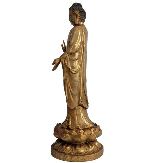 Staande Chinese Vergulde Bronzen Boeddha – Abhaya Mudra – 130 – Beeldhouwkunst (photo 7 of 9)