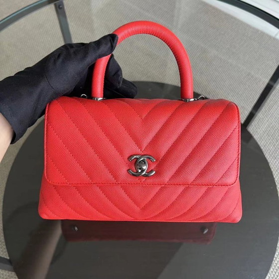 Image 1 of Chanel Caviar Small Coco Handle Chevron Calfskin Light Red Silver Hardware Series 28