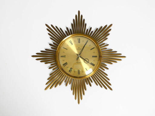Beautiful large original 1960s brass sunburst wall clock by Junghans ATO-MAT