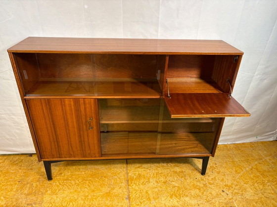 Image 1 of Mid-Century Retro Vintage Teak Sideboard / Bookcase / Display Cabinet by Nathan Furniture 1960s  Sliding Glass Doors • Bureau Fl