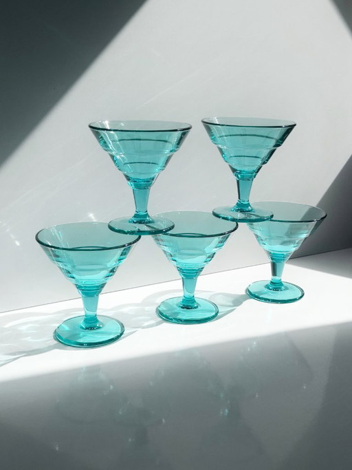 5 Vintage Dessertschalen van Turkoois Glas, Italië Jaren 80, Art Deco Revival – servies