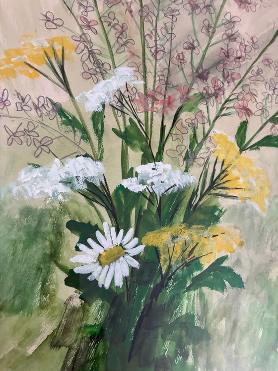 Image 1 of Antique painting of a bouquet of wildflowers