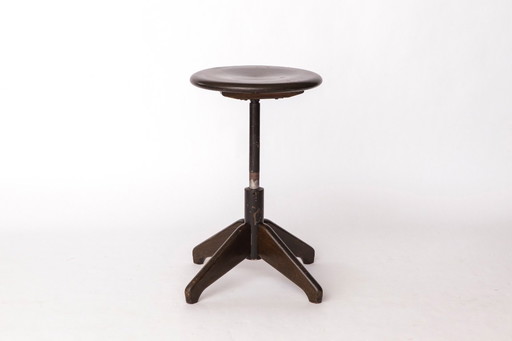 Vintage Swivel Stool – 1950s/1960s German Industrial Beech or Oak, Dark Stain, Mid Century Design