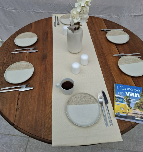 Image 1 of 🪵 Solid oak table with drop leaves — white lacquered legs — vintage chic style