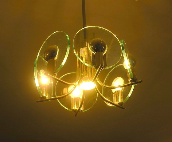 Image 1 of Lámpara de araña plateada con 6 discos de cristal, Italia, década de 1960.