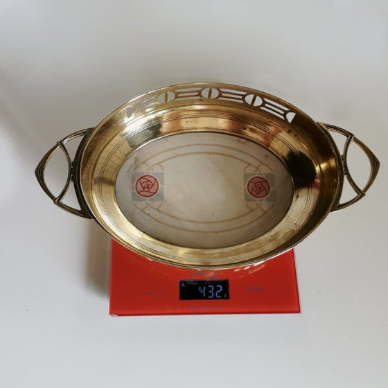 Image 1 of Plateau ancien en porcelaine et laiton Art Déco