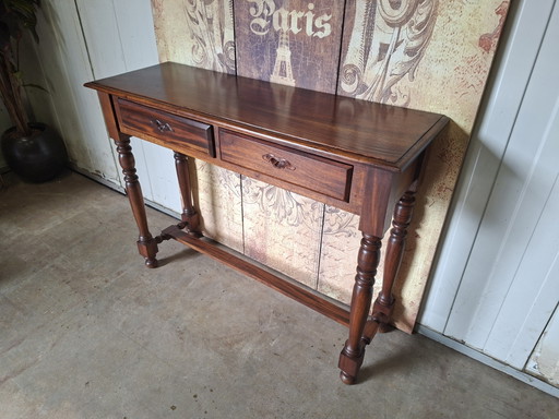 Classic mahogany side table, console table, hall table, light signs of use consistent with age, dimensions 106x35cm and 80cm