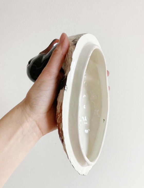 Image 1 of Aardewerk vintage schaal met deksel in eend vorm. Italiaanse retro vogel pot