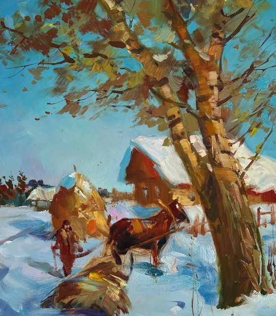 Image 1 of Original Oil Painting Winter Village Landscape Loading hay in winter