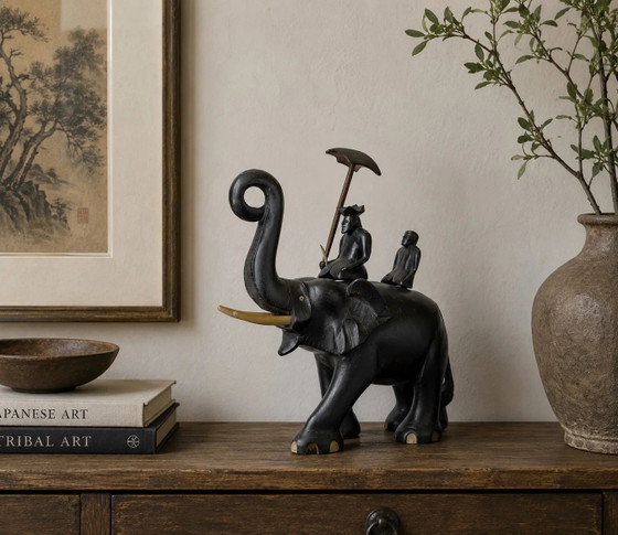 Koloniale Ebbenhouten Olifant Beeldhouwkunst met Mahout – Handgesneden Aziatische Beeldhouwkunst – 32 cm (photo 2 of 10)