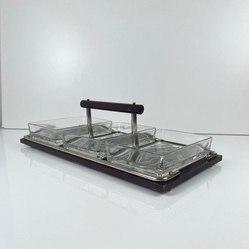 Vintage wooden and glass appetizer tray, 1960s/70s