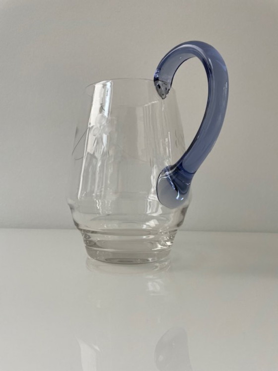 Image 1 of Vintage Boheems glas schenkkan blauw handvat