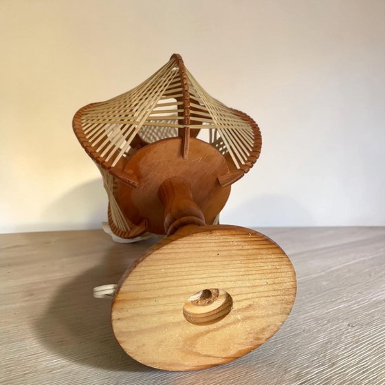 Image 1 of Lampes de table en bois et paille, style campagnard portugais, années 1960, lot de 2