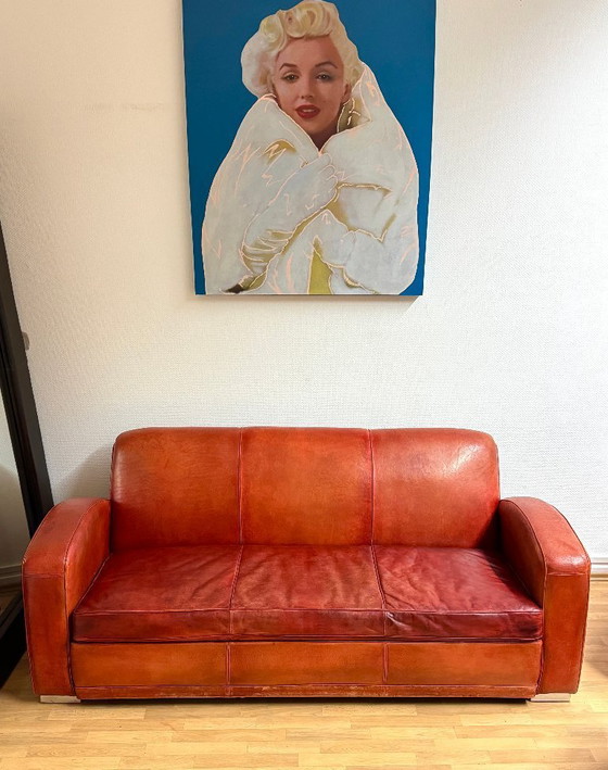 Image 1 of Brocantique Jacques Adnet Art Deco Set: Leren bank, fauteuil en poef