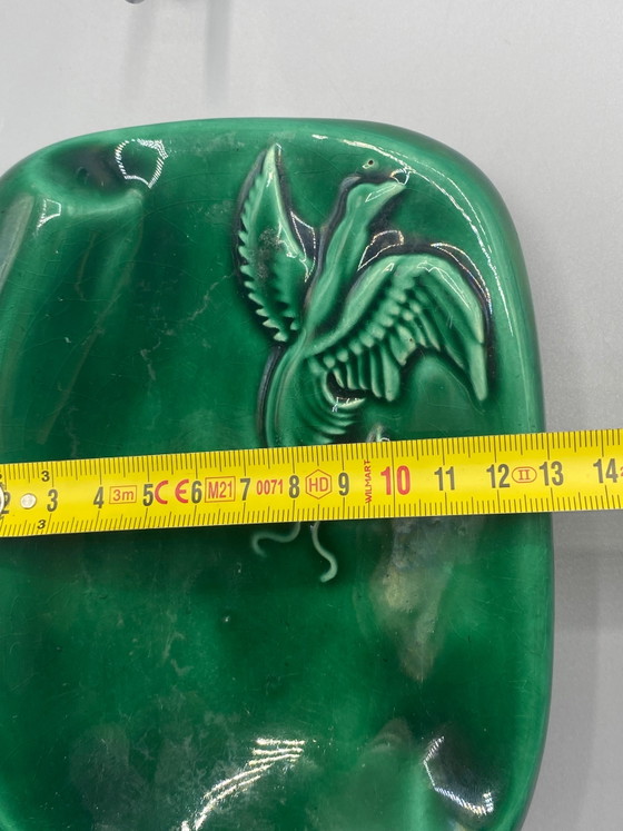 Mid Century Emerald Green Ceramic Ashtray – Embossed Bird – Vallauris Style – Crockery, Mid Century Modern (photo 6 of 6)