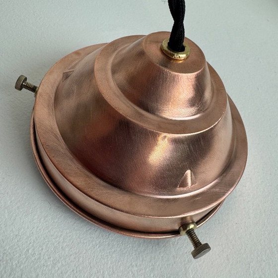 OLD ART-DECO 1930 FROSTED GLASS PENDANT LAMP, Copper, Black, Vintage (photo 8 of 12)