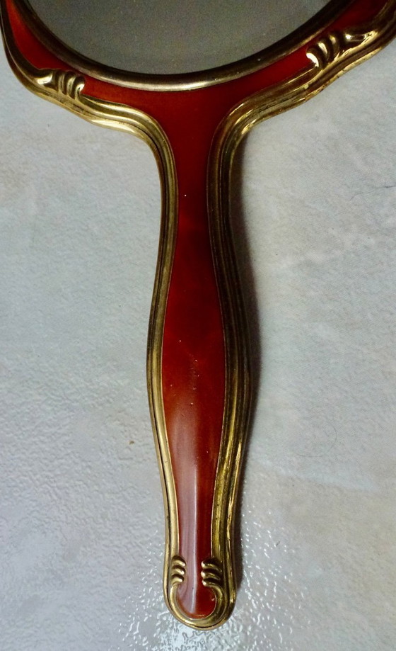 Image 1 of Vintage handspiegel, Facet geslepen, Duitsland, messing met celluloid.