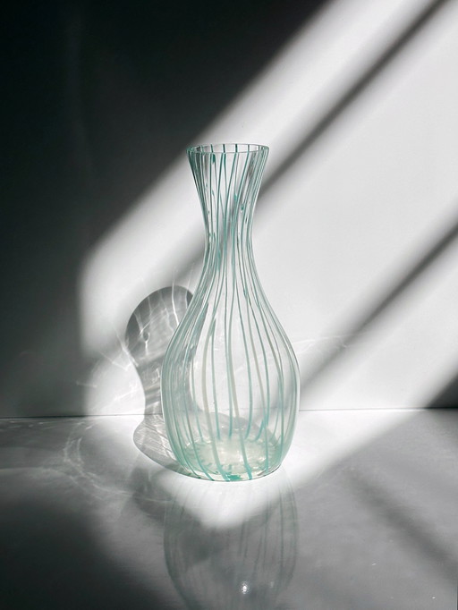 Vintage striped glass decanter carafe / vase Murano Mid - Century Mint Green Pastel 50s