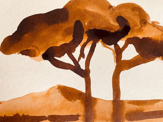 Image 1 of Monochrome watercolor signed in tobacco color, "umbrella pines on Mount Ventoux"