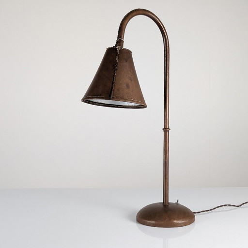 Jacques Adnet Stitched Leather Table Lamp, France, 1950s – tafellampen, Metal