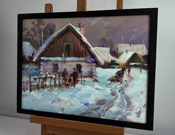 Image 1 of Original Oil Painting Night Houses Landscape Busy winter street of the village