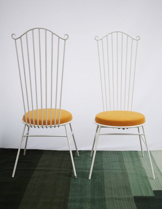 Image 1 of 2 X Vintage Metal Garden Chair With Yellow Cushion