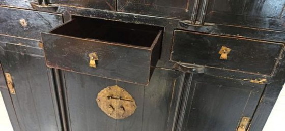 Image 1 of Vintage black lacquered and brass cabinet 