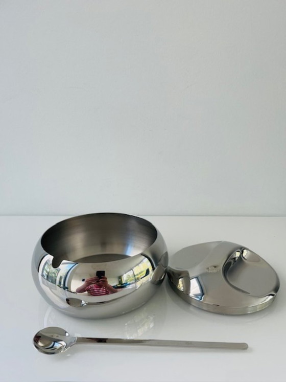 Image 1 of Vintage space age stainless steel sugar bowl with spoon – Tramontina design