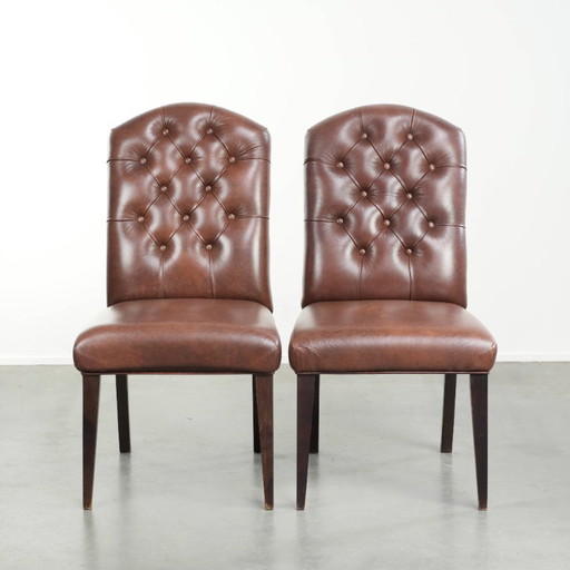 2x cognac kleurige vintage rundleren chesterfield eetkamerstoel – eetkamerstoelen, Leather