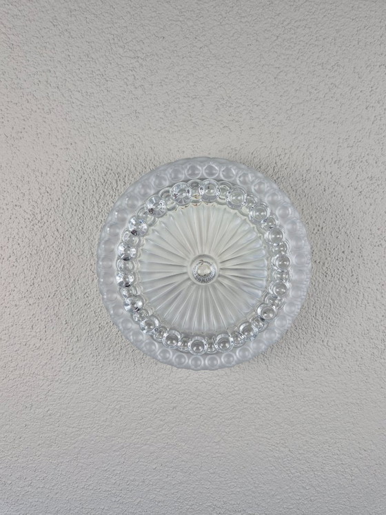 Vintage Pressed Glass Flush Mount Ceiling Light, Mid-Century Style, 2x E27, 29.5 cm, Ceramic, Transparent (photo 12 of 19)